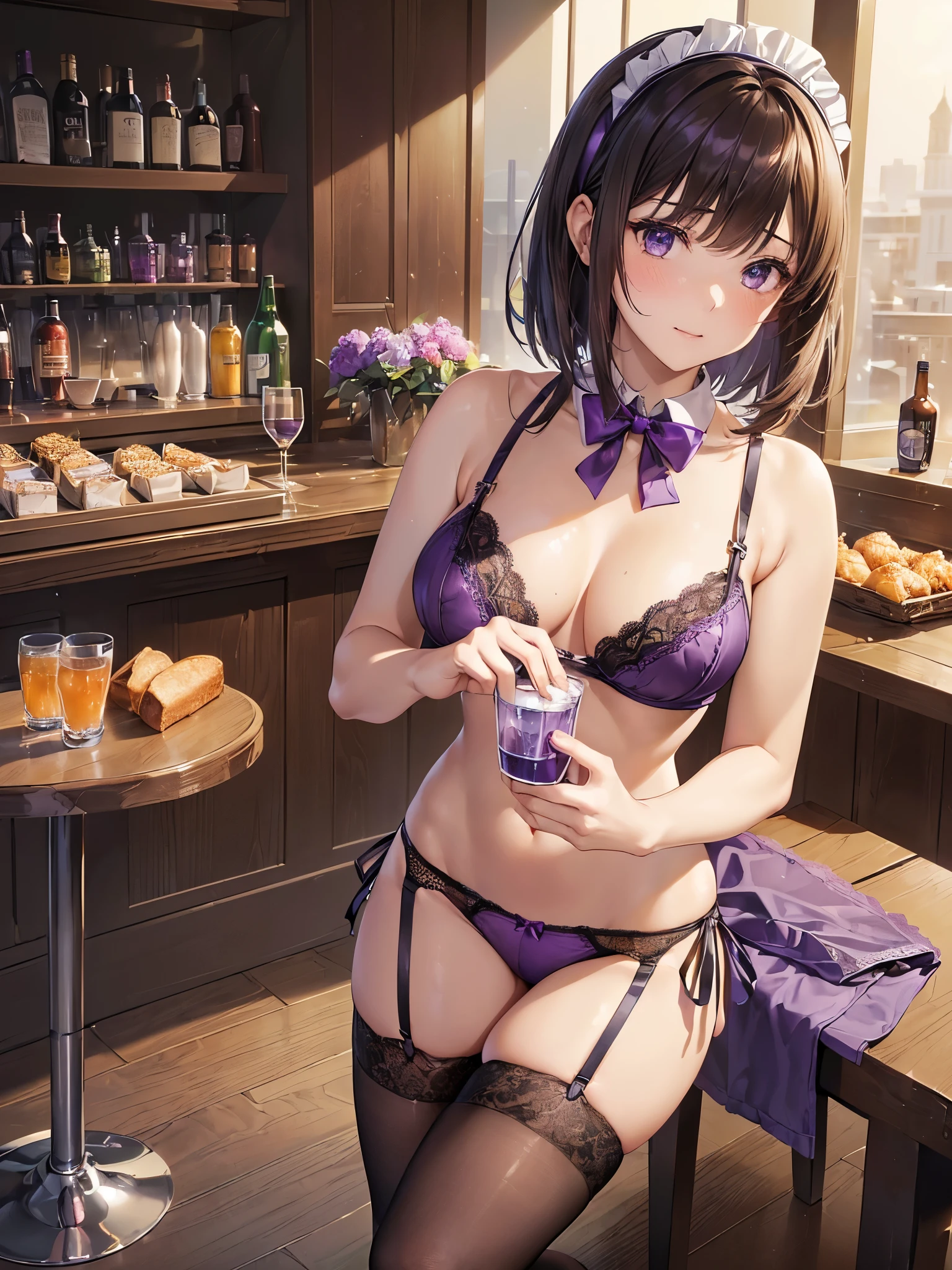 (((masterpiece, Highest quality, High resolution, 超High resolution, Perfect Pixel, Depth of written boundary, 4K, RTTX 10.0))), Beautiful Anime Women, Beautiful art style, Anime characters, ((Smooth texture, Realistic texture, Anime CG Style)), Exact finger count、Exact number of legs、(Exact number of arms:1.0, Exact number of hands:1.0), (Perfect hands, Perfect Anatomy), Cinematic, Realistic, Extremely detailed CG, Daytime lighting, Perfect lighting, Best Shadow, The best natural light, whole body, Perfect body, (Slender body:1.2), ((Long Hair, bangs, Dark brown hair, Stylish hairstyle, Bobcut)), ((二人のcute女性はセクシーに飲み物を運んでいる:1.6)), ((With two people:1.0)), beauty, cute, ((Bow tie around neck, High heels:1.3), (セクシーでcute紫下着:1.3), (Stylish shiny purple satin panties, Side-tie panties, The panties are plain purple in the center and lace on the sides.:1.3), (Thin panties:1.3), (Purple micro lace satin bra, Thin bra:1.3), (garter belt, Knee socks:1.3):1.3), (beautiful and very large breasts:1.2), (Beautiful and thin thighs:1.3), (Short torso:1.3), Feeling embarrassed, (blush:1.2), (Very embarrassed look:1.4), (Stylish beer hall, amusement park, Carry drinks, A busy store, Chair, table, Outdoor:1.3), naked, In underwear, Waitress in underwear, (Maid Headband:1.2), whole body, Angle from the front