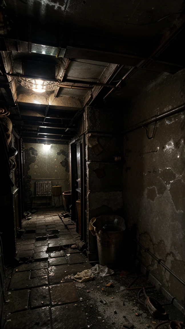 Dark and damp basement, cement walls with cracks and moisture stains, rusty metal shelves full of dusty objects and cobwebs, a lonely flickering light bulb hanging from the ceiling, floors covered with puddles of dirty water, a noisy old boiler in a corner