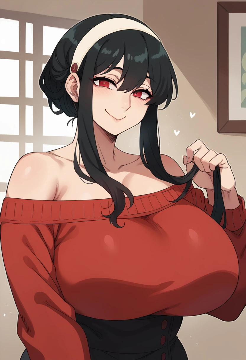 YorForger,1girl,black hair,red eyes,short hair with long locks, white hairband, off shoulder,red sweater, huge breasts, milf, warm smile, S2Z0n1c21.5XL style,upper body
