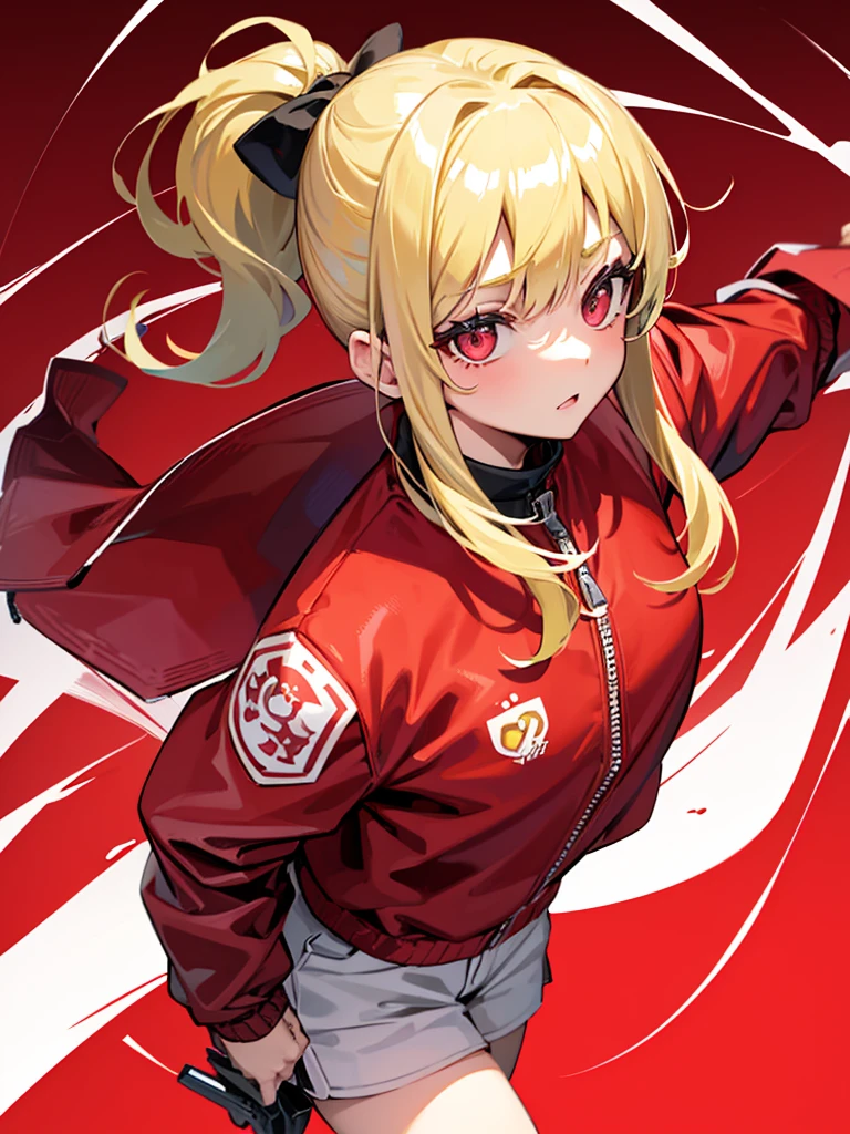 A blonde high ponytail girl wearing a red windbreaker，Red pupil，whole body，White background