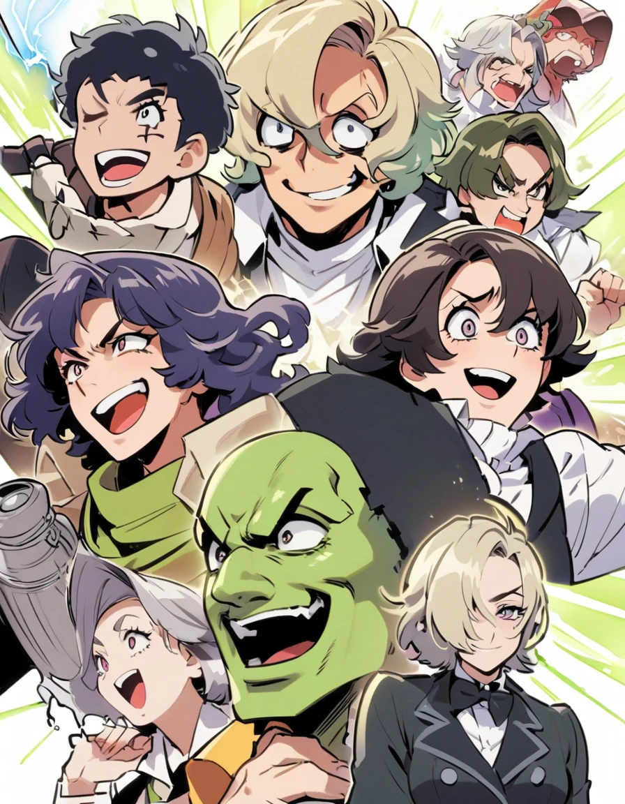 漫画城市猎人styled,Young Frankenstein, smiling, with crazy personality, good fighter, with electrical powers, great,Japanese manga artist Hojo Tsukasa'styled,oc renderer,Lumiere,very fine,very detailled