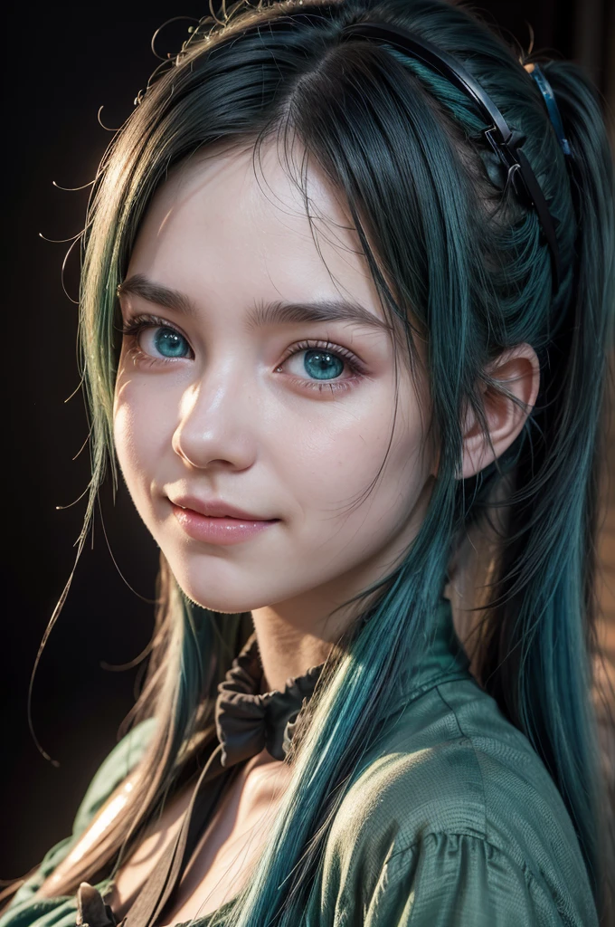 a girl, long blue hair, two pig tail, big green eyes, close up, steampunk dress, light smile, ray tracing, reflection light, glowing light, Canon, Fujifilm, 16k, 8k, highres, best quality, award winning, high details, high quality, super detail, textured skin, anatomically correct, masterpiece, UHD