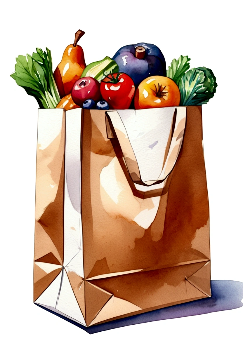 ((best quality)), ((masterpiece)), (detailed), loose watercolor style, minimalist, create a picture of a cartoon grocery paper bag full of a lot healthy food, against plain brilliant white background, isolated, fresh, tasty, delicious, vibrant color, vibrant color, the grocery paper bag is sitting on a white brilliant surface, detailed