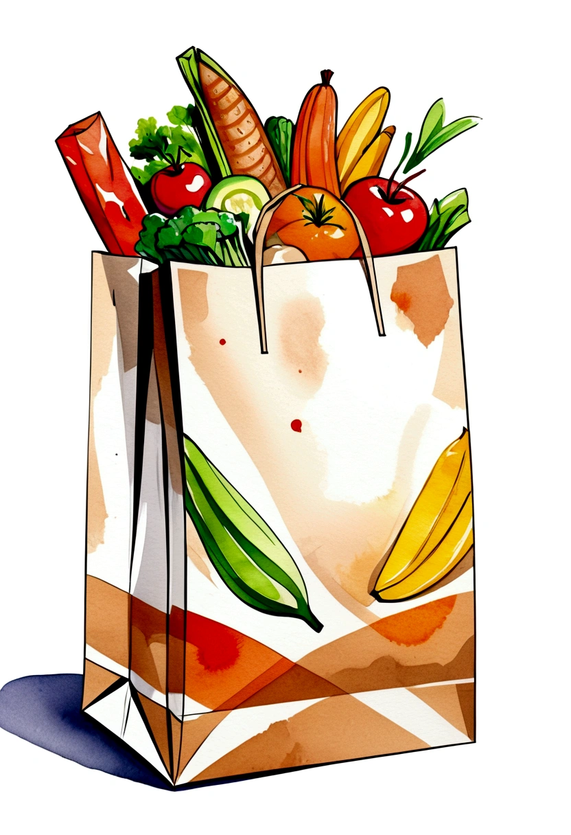((best quality)), ((masterpiece)), (detailed), loose watercolor style, minimalist, create a picture of a cartoon grocery paper bag full of a lot healthy food, against plain brilliant white background, isolated, fresh, tasty, delicious, vibrant color, vibrant color, the grocery paper bag is sitting on a white brilliant surface, detailed
