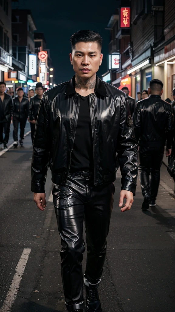 A handsome Asian mafia boss is walking coolly with a gang of mafia, wearing a shiny black leather jacket, Undercut hair is combed neatly, night road background, real photo, professional photo, clear photo, realistic photo, full HD, 4k