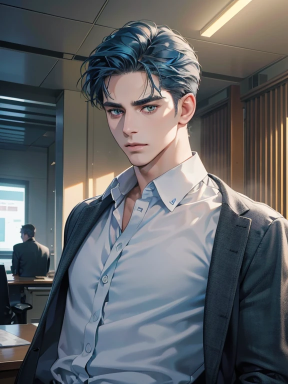 (best quality, masterpiece, 8K, photorealistic, cinematic lighting, hdr image, ultra detailed, beautiful image), 1 man, 31 years old, mature man, very handsome, (without expression, serious), short blue hair, green eyes ( penetrating gaze), imposing posture, businessman, office background