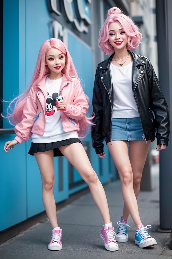 Fun Disney Pixar style character, 3d, very tiny, with straight and long pink hair, white shirt, skirt short, blue all star sneakers, black futuristic jacket, with happy face, full lips with red lipstick, red skinned