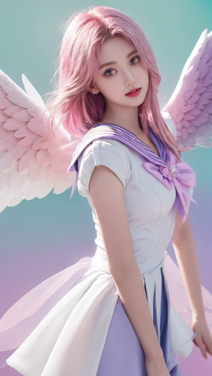 Fem Sailor Moon, Medium、Covered bust, Sailor Moon Uniform, cute, Pink Hair, green, Very long pastel purple, Crystal Castle, On his back are four long angel wings.、It&#39;s vibrant。, Giant silver scepter, Giant gold crystal, Silver crown on head