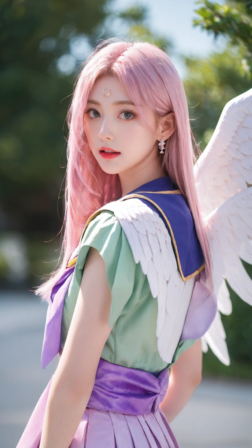 Fem Sailor Moon, Medium、Covered bust, Sailor Moon Uniform, cute, Pink Hair, green, Very long pastel purple, Crystal Castle, On his back are four long angel wings.、It's vibrant。, Giant silver scepter, Giant gold crystal, Silver crown on head