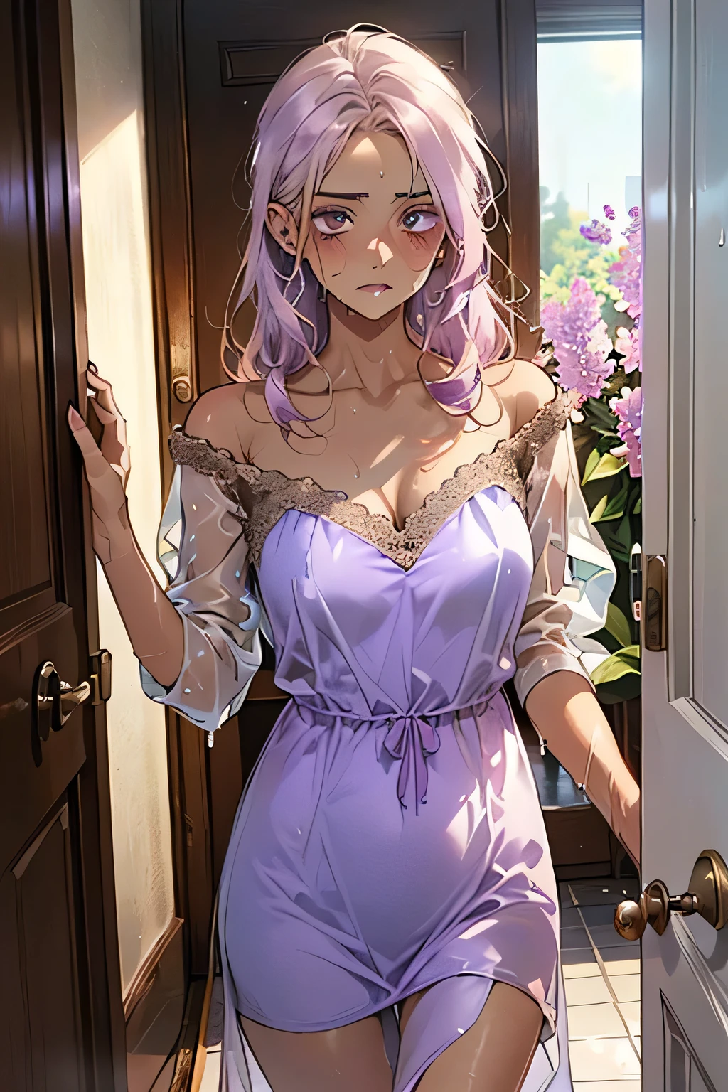 ((Blonde))，((blush:1.1))，((Brown Skin:1.5)),Soaking wet，((she is wearing only a soaking wet lilac colored seethrough casual dress:1.5))，The background is the front door of the house，Floors that are wet with little water.