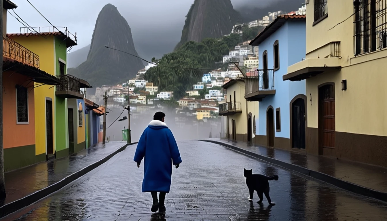 Create an afternoon scene on a dark street inspired by the streets of Rio de Janeiro. the street tiles are wet and fog hangs in the air. The street is deserted, only one man stands out in the landscape. A man wears blue warm clothes and black hair. A walking white cat on the wall of one of the houses. A wall with the image of a beautiful woman (the scene needs to have a noir atmosphere)