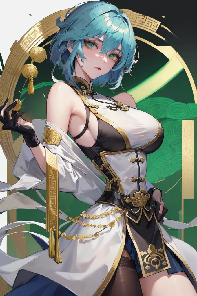 Masterpiece, Best quality, an Adult female, strong, green eyes, short hair, sapphire color hair, resolute eyes, white Taoist Taoist uniform, black accessories, sarashi, one shoulderancient, Chinese mix morden, frontal portrait photo, blank background, remove background