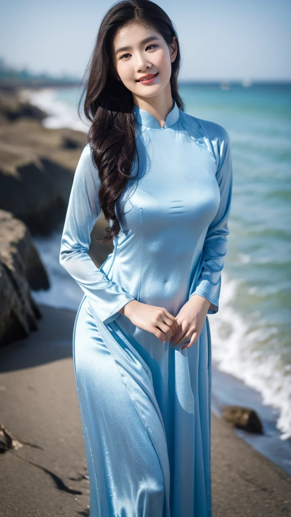 detailed body, attractive body, perfect human body, realistic face,
(ultimate quality, masterpiece, highres:1.0), realistic:1.6, photorealistic,
[8k UHD photos, UHD high quality photos, Super detailed and super clear images],
Close-up of a Vietnamese girl with a beautiful face and balanced body, leggy, round face, big round eyes, Charming smile, Red lips, long curly eyelashes, big dimples, pointed chin, plump face, Her face resembles Liu Yifei, Tall and plump figure,
wearing a bright and blue shiny satin ao dai, standing beside the beach, pose sexy,
Satin ao dai,