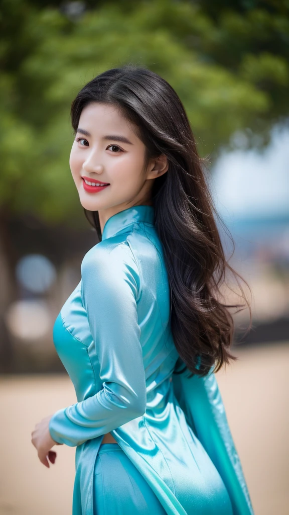 detailed body, attractive body, perfect human body, realistic face,
(ultimate quality, masterpiece, highres:1.0), realistic:1.6, photorealistic,
[8k UHD photos, UHD high quality photos, Super detailed and super clear images],
Close-up of a Vietnamese girl with a beautiful face and balanced body, leggy, round face, big round eyes, Charming smile, Red lips, long curly eyelashes, big dimples, pointed chin, plump face, Her face resembles Liu Yifei, Tall and plump figure,
wearing a bright and blue shiny satin ao dai, standing beside the beach, pose sexy,
Satin ao dai,