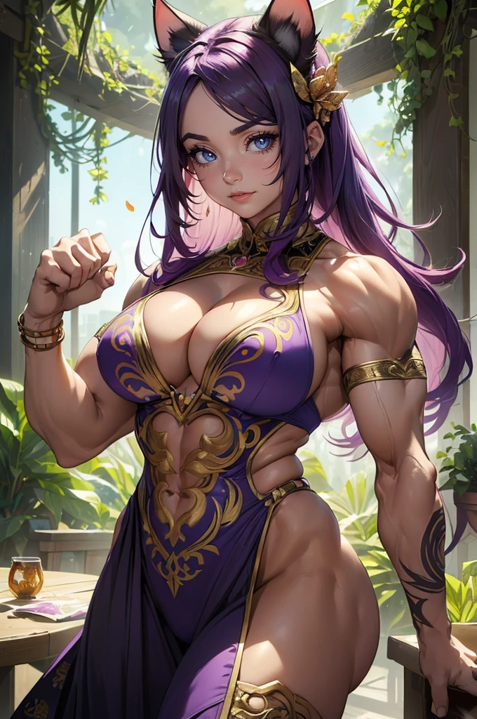 street photography photo of a young woman with purple hair, smile, happy, cute t-shirt, tattoos on her arms, sitting in a 50s diner,((Best quality)), ((masterpiece)), ((highly intricate details)),beautiful, high quality, highres, absurdres, light difussion, intricate details, complex details, ((anime)), (anime:1.2) , (perfect face:1.3), extreme detailed eyes, colorful, highest detailed, vibrant colors, high contrast, (8K UHD:1.2), (photorealistic:1.2),(masterpiece:1.4), (best quality:1.4), realistic,(best quality, ultra-detailed, (cat-beast hunter:1.8), (A cat-beast hunter who lives in a lush forest. He wears elaborate and beautiful ornaments made of plants. His eyes are brightly colored and shining. Moonlight shines through the dense forest. Detailed drawing. Vivid colors. High image quality:1.5), (The protagonist looks up at the A large tree from below: 1.2), (Vivid colors:1.1), (paradise nymph:1.2), (Glowing butterfly:1), (glowing petals:1.1), (mandala:1.1), (pattern:1), (design:1), (spiral:1), (Colorful floral pattern:1), (Wormhole world:1.1), (masterpiece:1.3), (illustration:1.1), (best quality:1.1), (best aethetic:1), (beautiful art:1.2), (ultra-detailed:1.2), (8k), (HDR), (sharp focus), (intricate),LowRA , clean body, abs, (body builder:1.5),muscular,beautiful muscle,((female,girl)),busty,curvy,sexy,((big eyes,perfect eyes, beautiful eyes))