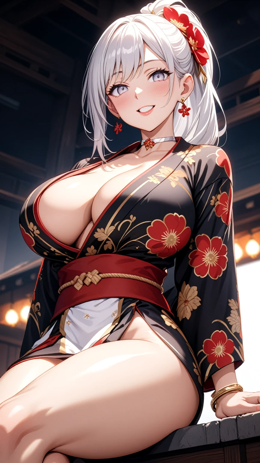((One personの女性)), Beautiful Face, (Laughing embarrassedly), ( face:1.1),((Wink:1.7)), (head tilt:1.3), teeth,Laugh with your mouth wide open,((Bright red cheeks:1.4)), ((foot focus)), Glossy red lips, ((crossed legs:1.4)), (( shot:1.4)), (Shining Face), Touching hair with hands,looking at viewer, Rooftop terrace, firework,Lighting on the face, ((Anime style background)),masterpiece, Highest quality, so beautiful,up to date, Complex details, (Pink long nails),(ring),(bracelet),(Floral choker),AI-generated, Complex,High resolution, Highest quality, super high quality,3D Images、3D Images,One person,Long white hair,High Ponytail, Anime woman posing for a photo,(blue eyes), ((Fine grain、Silvery white eyes、Shining Eyes:1.3)), (Squint your eyes:1.1),a hyperRealistic , hyperRealistic , Realistic,Anime woman with long white hair, Smooth anime CG art, A woman in a colorful kimono with gold embroidery, (Black long sleeve kimono),Red floral pattern,Long flower hair ornament,Earrings,Mature Body,(Big :1.1),Tall,Abdominal muscles,Tight waist, (Zoom up to face:1.0), ((from side and slightly from below)), 