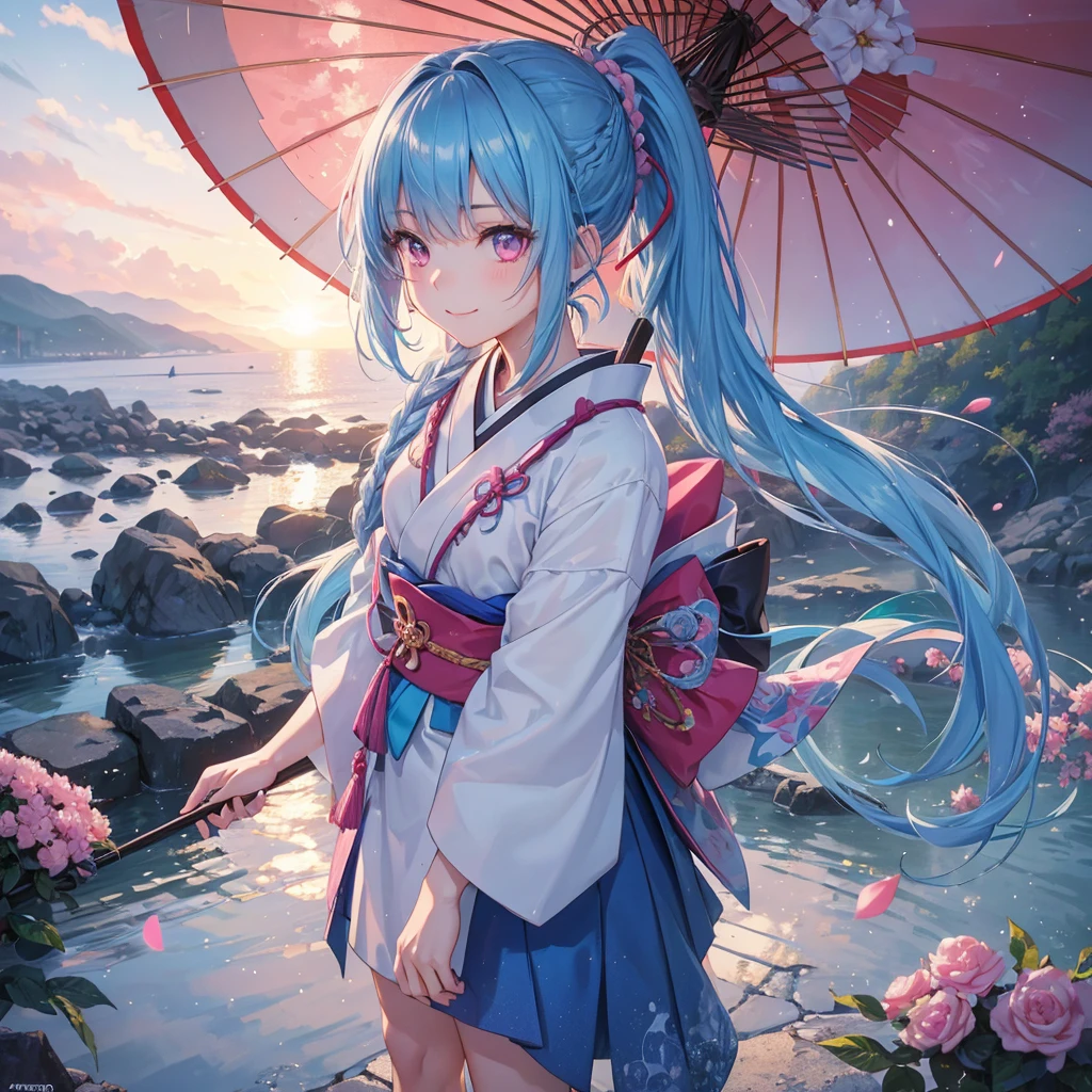 sky Blue hair, (braided ponytail),(pink eyes),fair skin ,(full body),(1 girl),smile,Straight Bangs,(masterpiece, best quality, ultra-detailed, best shadow), (detailed background), (beautiful detailed face), high contrast, (best illumination, an extremely delicate and beautiful), ((cinematic light)), colorful, hyper detail, dramatic light, intricate details,rain shower,kyoto,Japanese Umbrella,