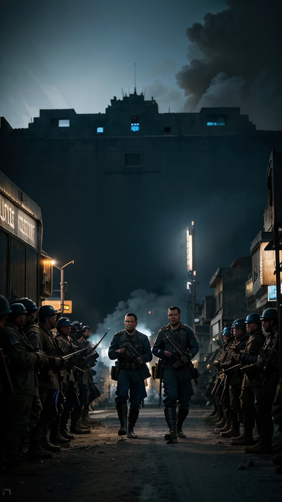 Captain Clarke's small unit of 20 men held off the enemy forces for hours on the war front, 4k realistic imagery, blue scenery like a movie scene, old american setting, inspired by blade runner movie scene, blue tone,