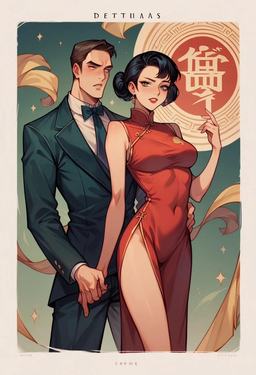 movie poster, highres, top quality, best quality, paid reward available, unparalleled masterpiece, perfect artwork, absurdres, High-quality illustrations, super high resolution, detailed background, perfect anatomy(1boy, detective, 1woman in Chinese dress)Crime mystery,