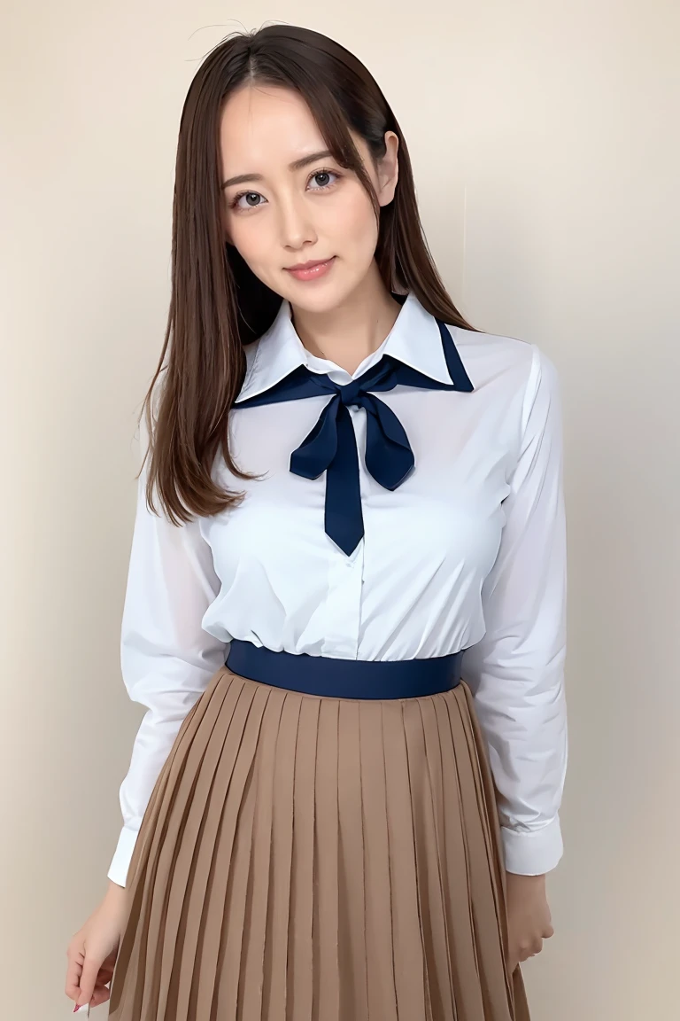 (Highest quality、Tabletop、8K、Best image quality、Award-winning works)、Cute school girl、(White polyester collared shirt:1.1)、(Navy Pleated Skirt:1.1)、Girl portrait photography、Glowing Skin、Brown Hair、Standing Elegantly、(The simplest pure white background:1.1)、(Big Breasts:1.1)、(Accentuate your body lines:1.1)