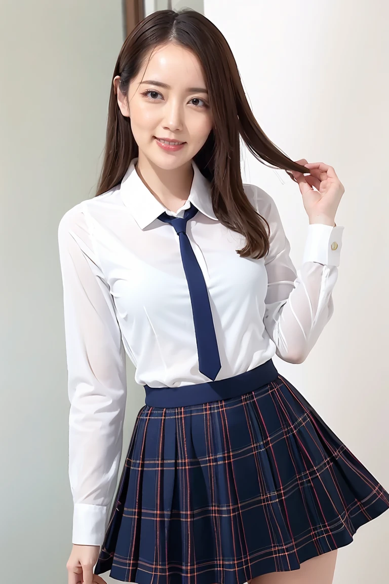 (Highest quality、Tabletop、8K、Best image quality、Award-winning works)、Cute school girl、(White polyester collared shirt:1.1)、(Navy Pleated Skirt:1.1)、Girl portrait photography、Glowing Skin、Brown Hair、Standing Elegantly、(The simplest pure white background:1.1)、(Big Breasts:1.1)、(Accentuate your body lines:1.1)
