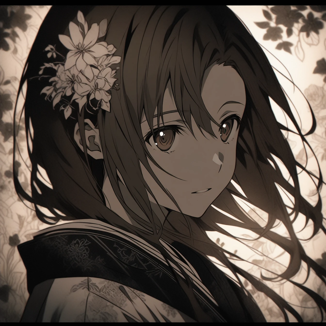Beautiful anime portrait,Brown monochrome，Oriental Wallpaper，Pink，Feeling，very anime style，1girl, Asuna, Sword Art Online，Flowers，Close-up，Soft Light，Rich in details，The expression is firm，Kimono decoration，Background blur，Vivid colors，情Feeling深沉，front，Brown eyes