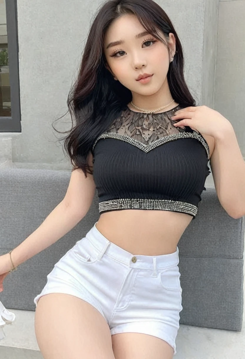 ((Best high quality:1.2)), Work of art, (8k), extremely detailed, ((High detail:1.2)), (HotLexi woman), Solo, ((24 years old pretty perfect Korean Ulzzang female:1.4)), (crop top, mini-shorts), (fix his hand to be anatomically correct),
