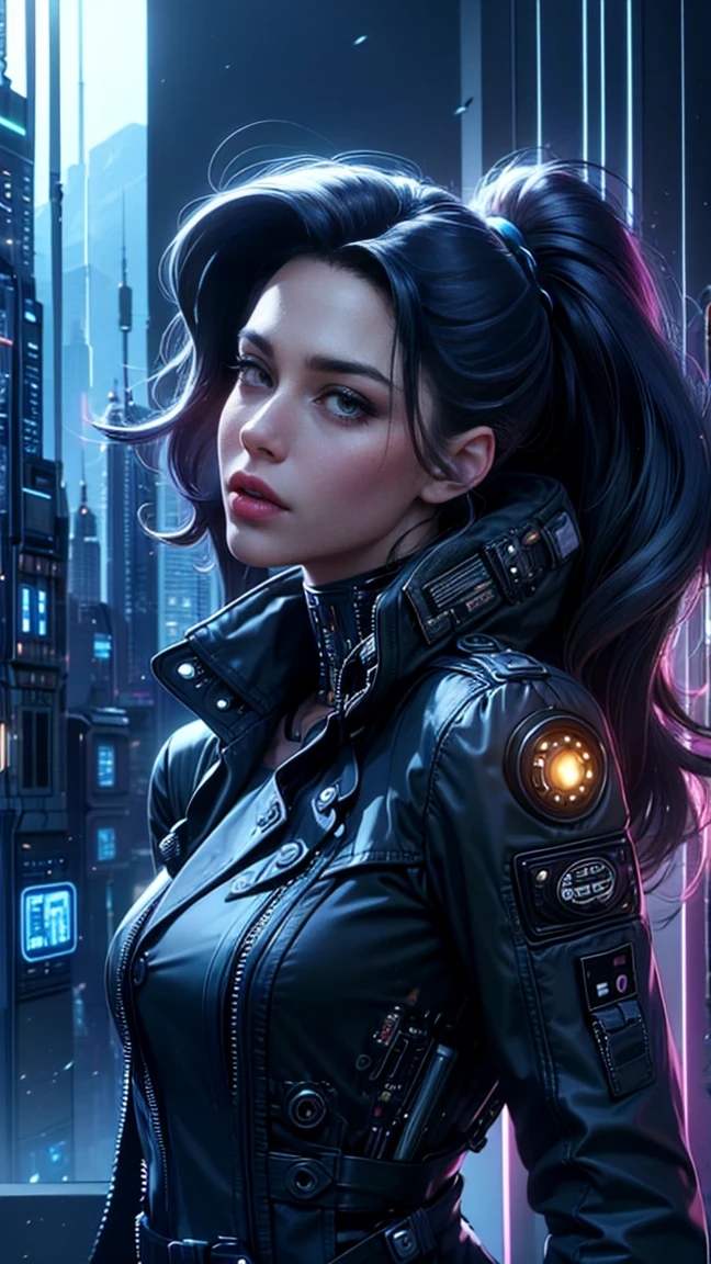 top quality, future world, State-of-the-art robot, Beautiful Woman, flying hair, (Transformed into a cyborg except for the face), sexy images, whole body photo, ((black Trench Coat))