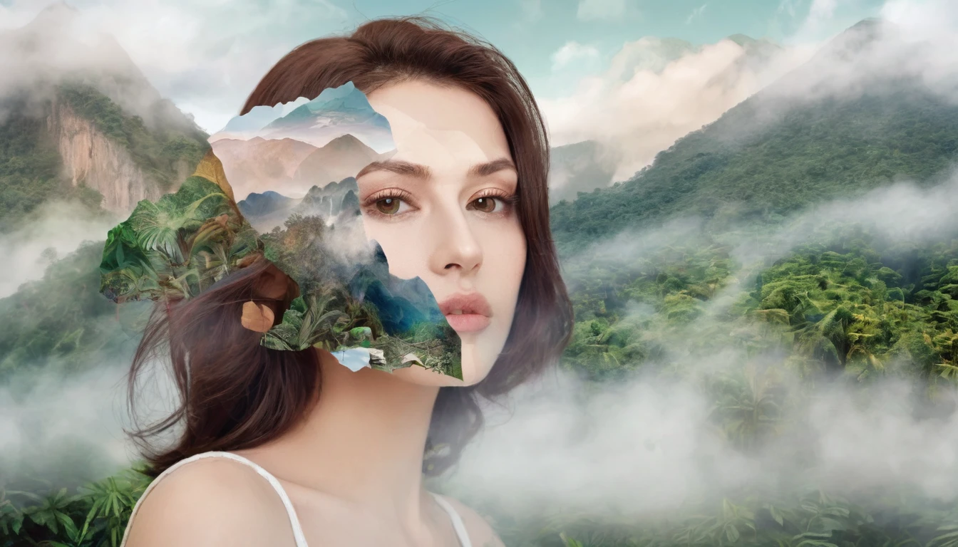 Dubrec style，Brunette woman transparent face close-up，Jungle mountains image foreground，（multiple exposure：1.8），Complex illustrations in surrealist art style，Surreal dreams