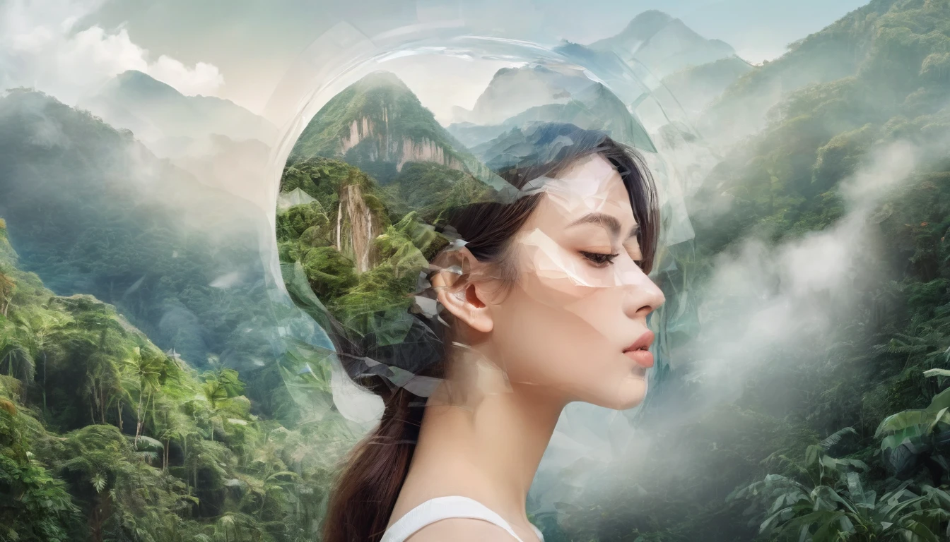 Dubrec style,Brunette woman transparent face close-up,Jungle mountains image foreground,(multiple exposure:1.8),Complex illustrations in surrealist art style,Surreal dreams