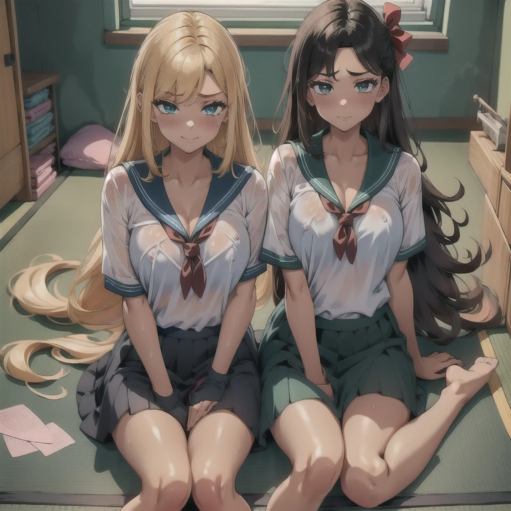 A lot of tissue paper is scattered on the tatami mat. very large chest Extremely distended chest huge chest bulge A composition that shows the whole body Dim pink room Japan tatami room Japanese-style room Dirty room There is a lot of garbage scattered around Very dirty blanket Lying on the futon Scattered tissue paper Scattered pink magazines nn11 girl, Hair Ribbon, Long Hair, smile, Denim shorts, Big Breasts university student Age: 20 Illustrated style Anime Style Frown Narrow Mouth Small lips Smile Sleepy eyes Eyes half closed Very short stature beautiful girl Very cute clothes cheeks pink Blonde Long Hair Super Curly Hair Super long sideburns 濡れて透けたSee-throughの衣服 Wet and sheer sailor suit Hair band Wet and transparent very long shocking pink silk skirt Wet and transparent pearl white silk tights Wet and transparent pearl white silk innerwear Metallic luster A large amount of hot pink silk ribbons are sewn into the clothes Soaked in the rain 濡れて透けたパールホワイトSuper Long Silk Gloves 濡れて透けたDetailed embroideryが縫われたショッキングピンクシルクパンティストッキング silk garter belt Pitiful clear Big eyes Droopy eyes Shocking Pink Rouge Super long white leather boots Wet and see-through white silk bodysuit See-through Clothes that are see-through from the rain Clothes are wet with sweat and transparent A large amount of sweat is dripping from his forehead sunset Orange Room, small amount of rolled up tissue paper, Used crumpled small tissue paper, There are lots of crumpled dirty small tissues lying on the ground, Several small rolled up pieces of used tissue paper are lying around Heavy sweat on face,cold sweat,Sweat dripping from my forehead,Tears dripping from the edges of the mouth, Sitting on a dirty bed, A dirty futon with brown spots Dirty and old tatami mats ,tatami room, A lot of rolled up tissue paper , Garbage is very scattered, Very dirty bed, A room full of scattered rolled up trash, Scared I am going to cry Embarrassing 服がはち切れそうなBig Breasts very large chest Extremely distended chest huge chest bulge Dimly lit room Sleeping on a tatami mat Scattered tissue paper Cute long sleeve sailor uniform with lots of frills sewn into the clothes Fine frill belly long skirt high school student Illustrated style Anime Style Frown Narrow Mouth Small lips Frightened face Baby Face beautiful girl Very cute clothes cheeks pink Long blonde hair Super Curly Hair Super long sideburns Clothes made of rubber material Gothic White Lolita Clothing Hair band Wet and transparent very long shocking pink silk skirt Pearl white silk knee socks Wearing a cute bra under her sailor uniform A lot of sailor ribbons Super Long Silk Gloves Detailed embroidery Big eyes Hanging eyes Stern look Shocking Pink Rouge Sweating profusely Crushed tissue paper White Long Boots She is wearing a cute salmon pink bra.
