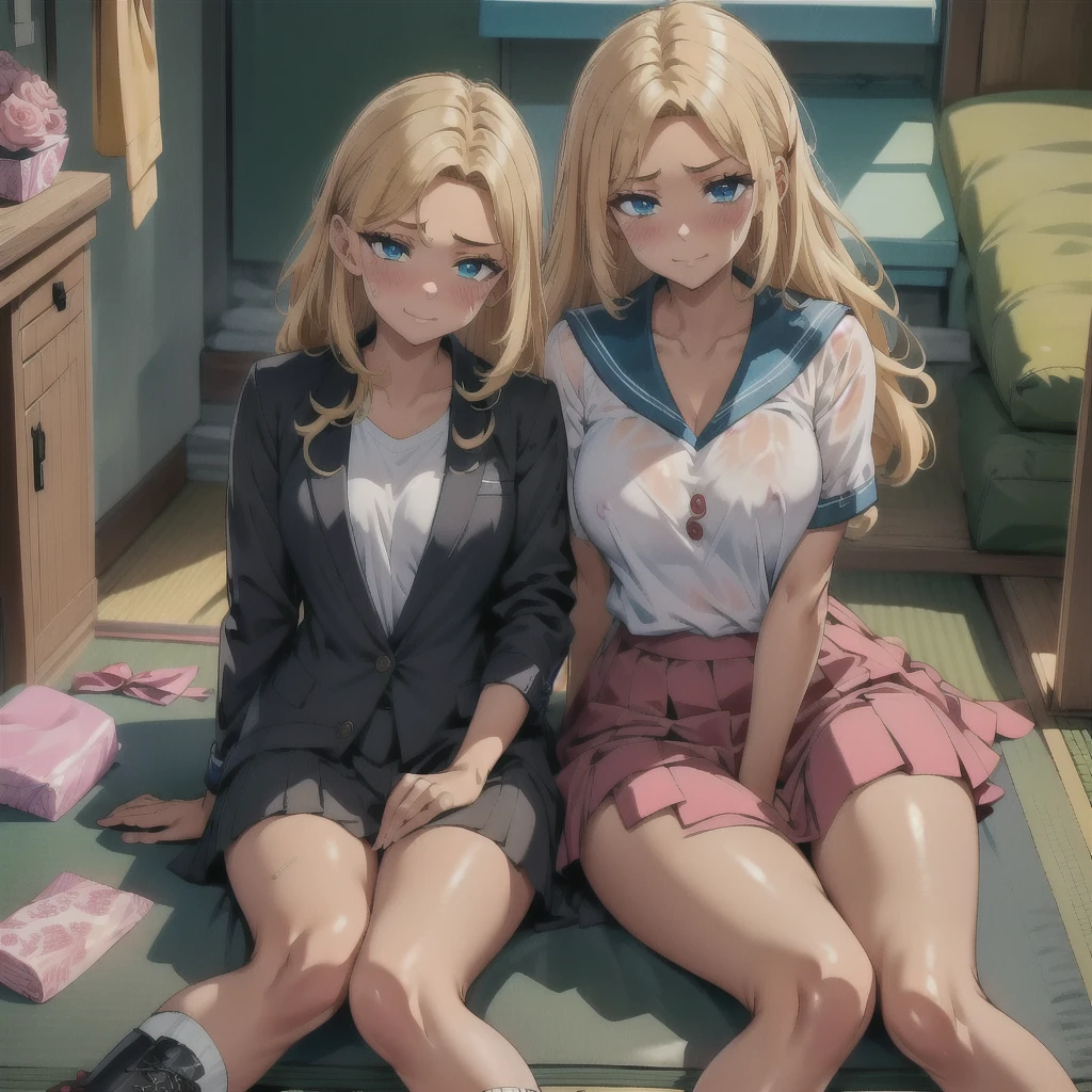A lot of tissue paper is scattered on the tatami mat.　very large chest　Extremely distended chest　huge chest bulge　A composition that shows the whole body　Dim pink room　Japan tatami room　Japanese-style room　Dirty room　There is a lot of garbage scattered around　Very dirty blanket　Lying on the futon　Scattered tissue paper　Scattered pink magazines　nn11 girl, Hair Ribbon, Long Hair, smile, Denim shorts, Big Breasts 　university student　Age: 20　Illustrated style　Anime Style　Frown　Narrow Mouth　Small lips　Smile　　Sleepy eyes　Eyes half closed　Very short stature　Baby Face　beautiful girl　Very cute clothes　cheeks pink　Blonde Long Hair　Super Curly Hair　Super long sideburns　濡れて透けたSee-throughの衣服　Wet and sheer sailor suit　Hair band　Wet and transparent very long shocking pink silk skirt　Wet and transparent pearl white silk tights　Wet and transparent pearl white silk innerwear　Metallic luster　A large amount of hot pink silk ribbons are sewn into the clothes　Soaked in the rain　濡れて透けたパールホワイトSuper Long Silk Gloves　濡れて透けたDetailed embroideryが縫われたショッキングピンクシルクパンティストッキング　silk garter belt　Pitiful　clear　Big eyes　Droopy eyes　Shocking Pink Rouge　Super long white leather boots　Wet and see-through white silk bodysuit　See-through　Clothes that are see-through from the rain　Clothes are wet with sweat and transparent　A large amount of sweat is dripping from his forehead　sunset　Orange Room,　small amount of rolled up tissue paper,　Used crumpled small tissue paper, There are lots of crumpled dirty small tissues lying on the ground,　Several small rolled up pieces of used tissue paper are lying around　Heavy sweat on face,cold sweat,Sweat dripping from my forehead,Tears dripping from the edges of the mouth,　Sitting on a dirty bed,　A dirty futon with brown spots　Dirty and old tatami mats ,tatami room,　A lot of rolled up tissue paper ,　Garbage is very scattered,　Very dirty bed, 　 A room full of scattered rolled up trash,　Scared　I am going to cry　Embarrassing　服がはち切れそうなBig Breasts　very large chest　Extremely distended chest　huge chest bulge　Dimly lit room　Sleeping on a tatami mat　Scattered tissue paper　Cute long sleeve sailor uniform with lots of frills sewn into the clothes　Fine frill belly long skirt　high school student　Illustrated style　Anime Style　Frown　Narrow Mouth　Small lips　Frightened face　Baby Face　beautiful girl　Very cute clothes　cheeks pink　Long blonde hair　Super Curly Hair　Super long sideburns　Clothes made of rubber material　Gothic White Lolita Clothing　Hair band　Wet and transparent very long shocking pink silk skirt　Pearl white silk knee socks　Wearing a cute bra under her sailor uniform　A lot of sailor ribbons　Super Long Silk Gloves　Detailed embroidery　Big eyes　Hanging eyes　Stern look　Shocking Pink Rouge　Sweating profusely　Crushed tissue paper　White Long Boots　She is wearing a cute salmon pink bra.