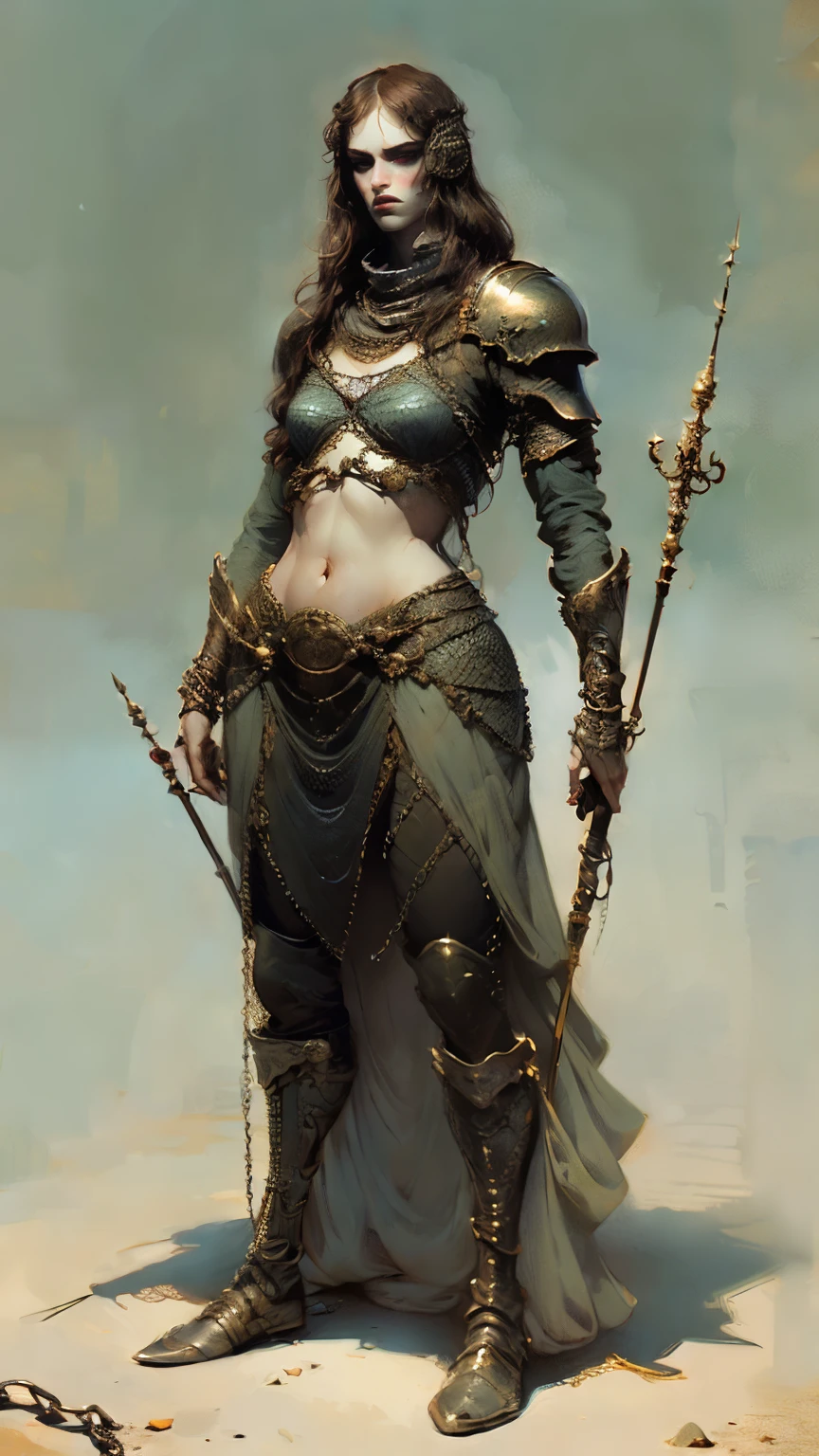 European woman, perfectly symmetrical face, flawless features, (((wide hips))), 8k, absurd res, ((wide eyes)), flawless face, girl with a soft body, same girl, 1girl, average mature body, natural body, ((super wide hips)), full body image, 1girls, solo, masterpiece, highly detailed, flawless eyes, expressive detailed eyes, pale skin, wide eyed, detailed pupils, realistic skin, some freckles, realistic skin texture, ((small chest)), blushing, super detailed skin, smooth background, focused face, analog style, (chin length hair), ((dark hair)), dark blue wallpaper, (broad hips), ((wearing chainmail and armor)), dark moody atmosphere, (full body image), (metal greaves and gauntlets), (holding a spear), ((zoom out, full body and face shot)). full body image, (wearing a helmet