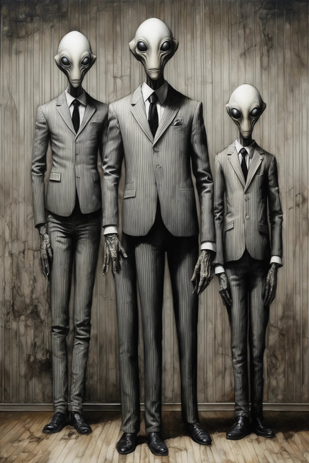 Santiago Caruso style - menacing alien family standing imposingly in a slim-cut light gray striped 3-piece suit, urban interior impasto painting
