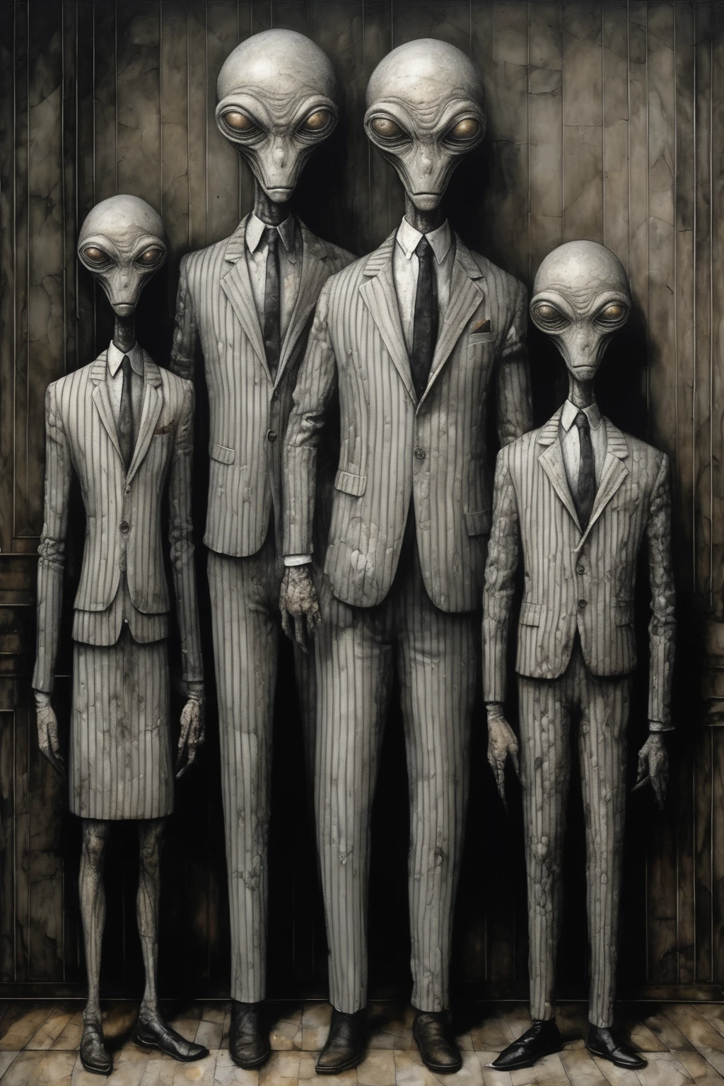 Santiago Caruso style - menacing alien family standing imposingly in a slim-cut light gray striped 3-piece suit, urban interior impasto painting