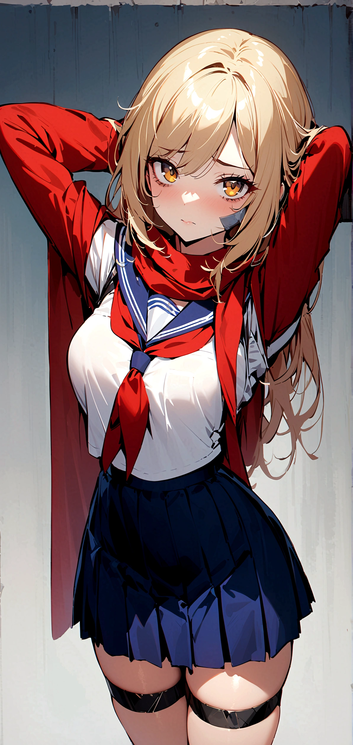 himikotoganova, (1 girl, solo), blonde hair, double good, disheveled hair, bangs, (perfect eyes, yellow eyes), serafuku, bags under the eyes, (closed mouth), blue skirt, long sleeves, red scarf, breasts, arms behind head, looking at viewer, best quality), perfect eyes, tied, bondage, (arms behind back:1.4), bdsm, gag tape, tape, bondage tape, content,