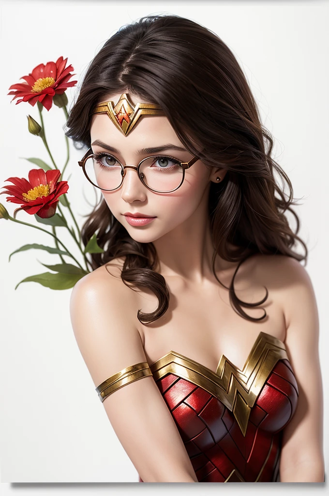 Tiny brunette Wonder Woman with watercolor effect on white background with glasses and her flower in her hand
