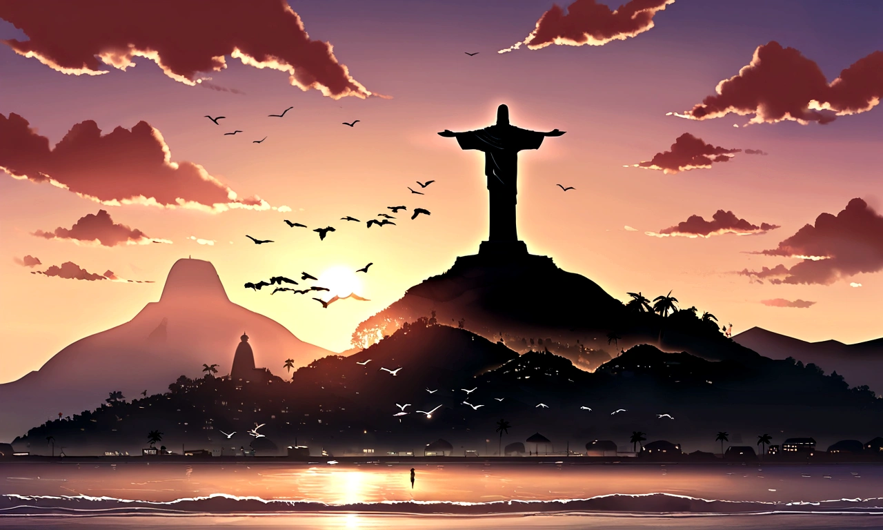 beach, sunset, statue of Christ the Redeemer on top of a mountain, Rio de Janeiro, Brazil, samba, birds in the sky, house, building