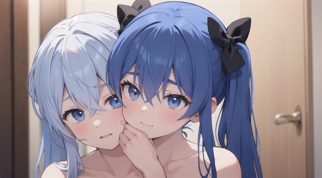 Blue Hair, Twin tails, Hair between the eyes, hair bow, eyebrows visible through hair,nipple, nsfw, {{{{{1boy,Face to face with a girl,Bury your face in a girl&#39;s chest,suck nipple, man lick nipple,}}}}}, {{{{1boy tongue touch nipple}}}}, orgasm, 