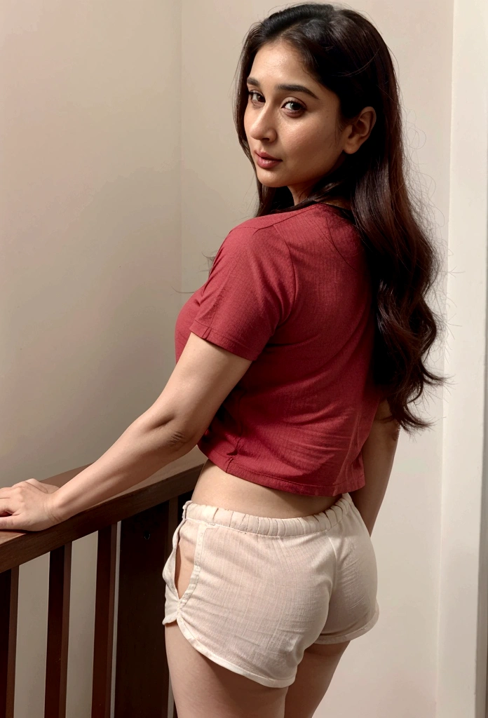 Kareena Kapoor, woman age 45, pale blushing red face, open black hair,simple t shirt and shorts, standing on doy.