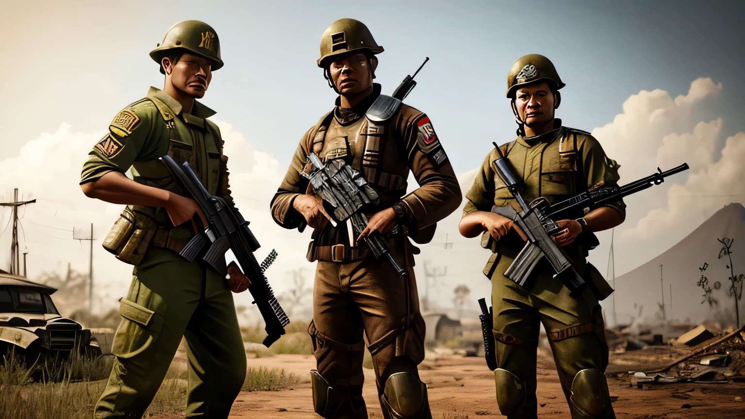 fallout, indonesia theme, post-apocalyptic, jakarta, nation, identic, vernacular, authentic, realistic, indonesia, fallout 4 style, a dutch soldier with a indonesian soldier, detailed
