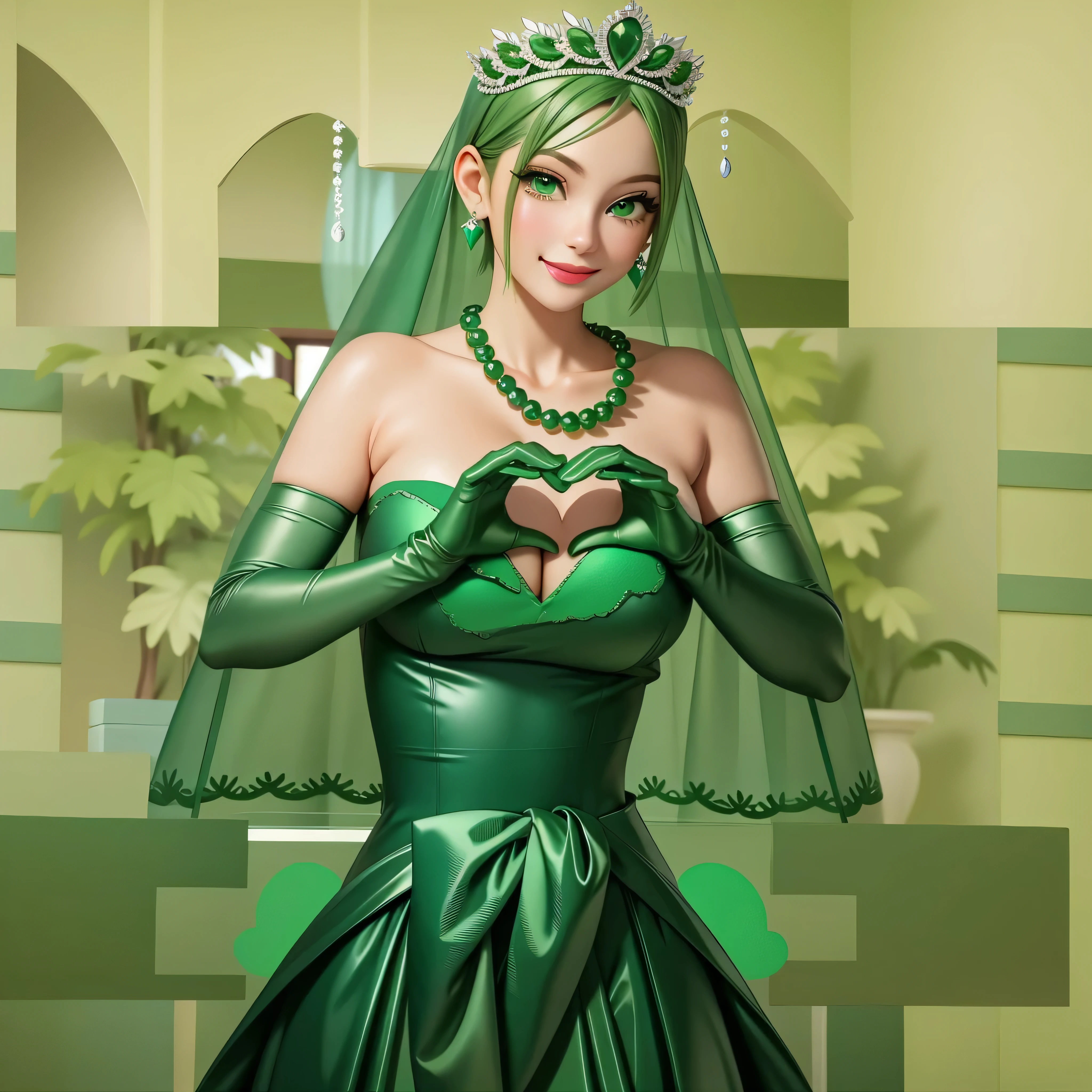 emerald tiara, Green Pearl Necklace, Boyish very short green hair, Green Lips, Smiling Japanese woman, Very short hair, Busty beautiful lady, Green Eyes, Green satin long gloves, Green Eyes, Emerald Earrings, Green veil, Heart with both hands, Green Hair, Beautiful Japanese Women, Heart shaped hands:1.3, green lip gloss