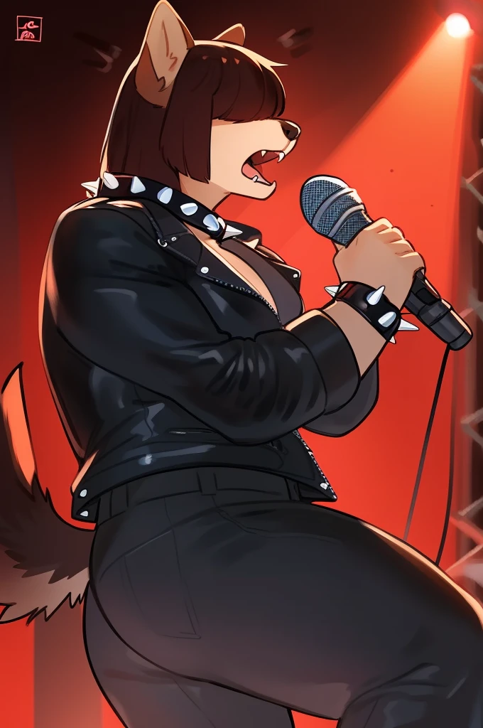 By bebebebebe, by lostgoose, by goonie-san, female, ((canine, snout, hair covering eyes, straight hair, medium hair, flat hair, ears, thin snout)), brown fur, big poofy tail, raised tail, dark maroon hair, ((muscular, big breasts)), solo, ((screaming)), screaming into microphone, microphone, stage, smiling, happy, open mouth, (holding microphone with both hands), metal concert, leather jacket, spiked collar, spiked wristbands, studded leather jacket, ((skintight latex pants)), red lighting, dramatic lgihting, 