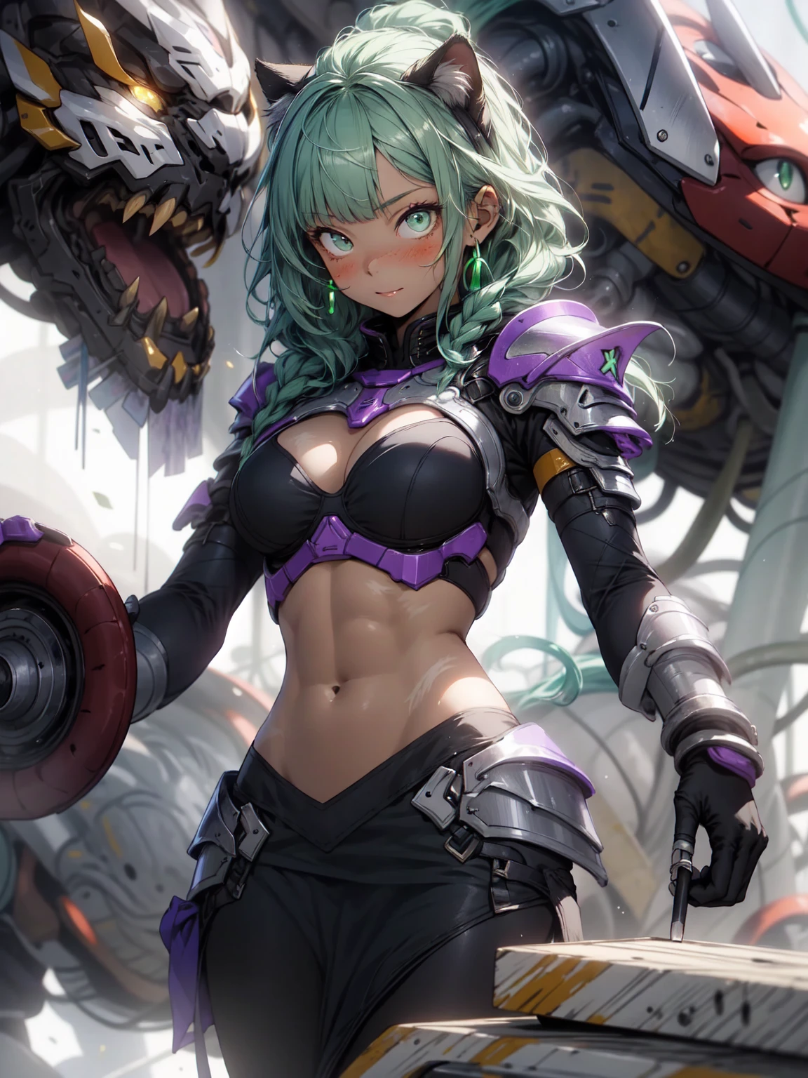 Be realistic,(masterpiece,Highest quality,Highest quality,Very detailed,Fractal Art,Most detailed,(Abstract background:1.5)(1 girl),Kamimei,(Hair length),(cat ear, tareme, green eyes, pale skin, light purple hair, long hair, blunt bangs, braids,Big Breasts、Toned Abs,Stunned)、crystallization,bikini、Sexy、Machine Armor、Sunburned skin、(Black pencil skirt)