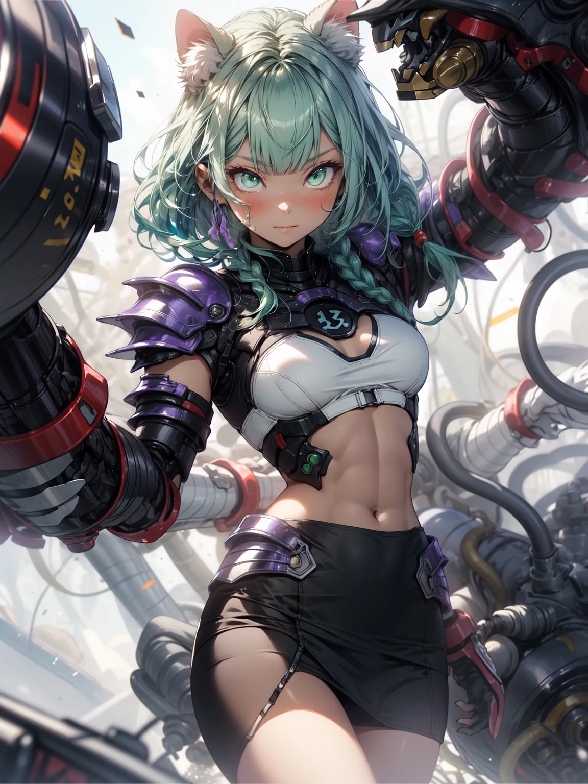 Be realistic，（masterpiece，Highest quality，Highest quality，Very detailed，Fractal Art，Most detailed，（Abstract background：1.5）（1 girl），Kamimei，（Hair length），（cat ear, tareme, green eyes, pale skin, light purple hair, long hair, blunt bangs, braids,Big Breasts、Toned Abs，Stunned)、crystallization，bikini、Sexy、Machine Armor、Sunburned skin、(Black pencil skirt)