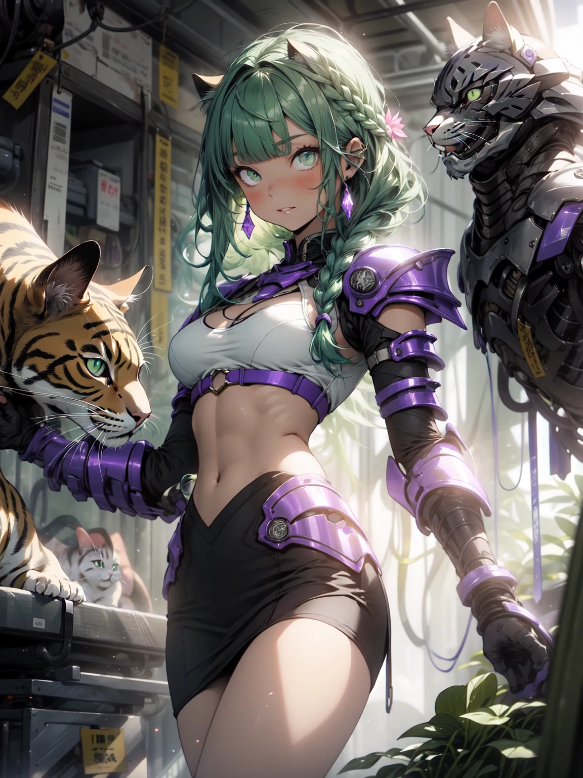 Be realistic,(masterpiece,Highest quality,Highest quality,Very detailed,Fractal Art,Most detailed,(Abstract background:1.5)(1 Girl),Kamimei,(薄紫のLong Hair),(Cat ear, puppet, Green Eyes, Pale skin, Light purple hair, Long Hair, Blunt bangs, Braid,Big Breasts、Toned Abs,Stunned)、crystallization,bikini、Sexy、Machine Armor、Sunburned skin、(Black pencil skirt)