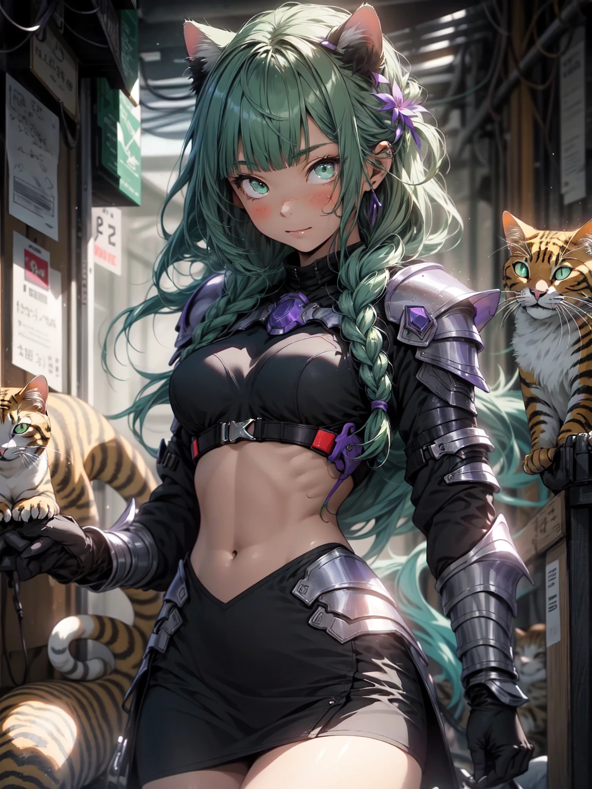 Be realistic，（masterpiece，Highest quality，Highest quality，Very detailed，Fractal Art，Most detailed，（Abstract background：1.5）（1 girl），Kamimei，（Hair length），（cat ear, tareme, green eyes, pale skin, light purple hair, long hair, blunt bangs, braids,Big Breasts、Toned Abs，Stunned)、crystallization，bikini、Sexy、Machine Armor、Sunburned skin、(Black pencil skirt)