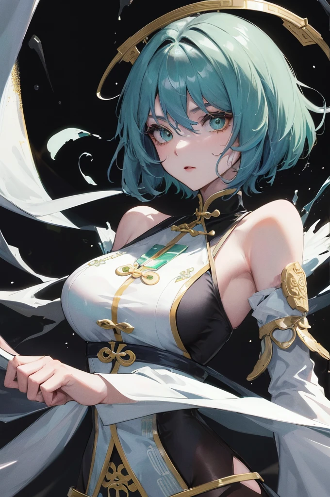 Masterpiece, Best quality, an Adult female, strong, green eyes, short hair, sapphire color hair, resolute eyes, white Taoist Taoist uniform, black accessories, sarashi, one shoulderancient, Chinese mix morden, frontal portrait photo full, blank background, remove background
