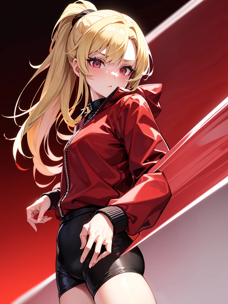 A blonde high ponytail girl wearing a red windbreaker，Wearing black clothes and pants，Red pupil，whole body，White background