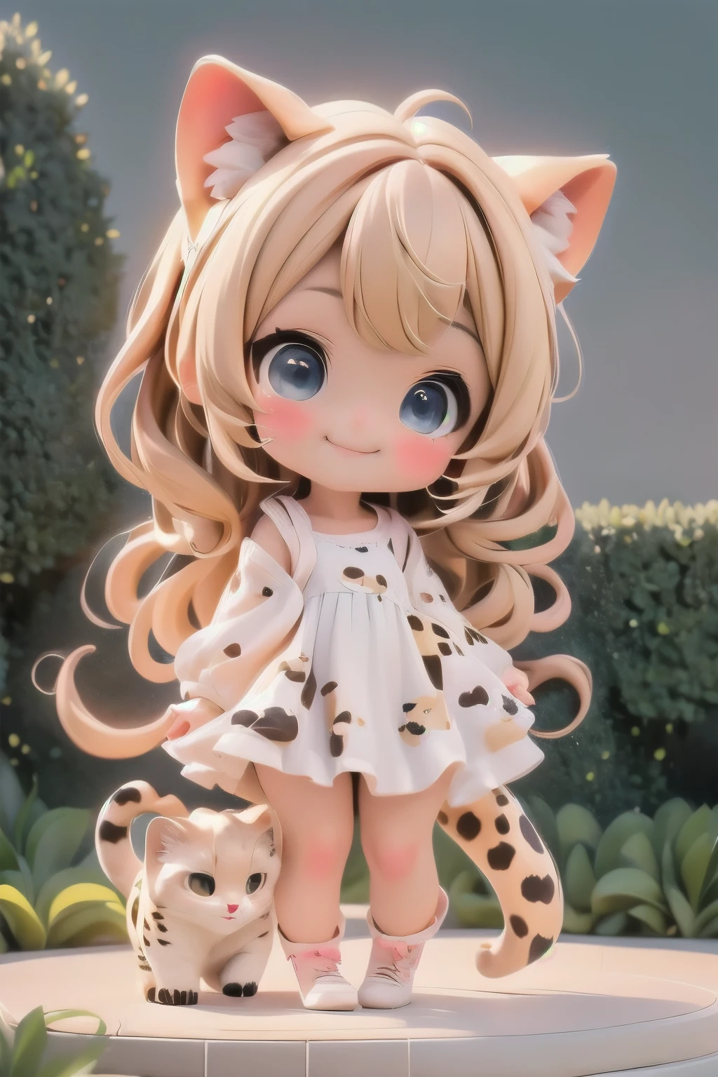 cute chibi girl smiling wearing a (cheetah kigurumi), cheetah girl, pumps, (playful pose), location garden at night, garden outdoors, starry sky, moon, angle from below